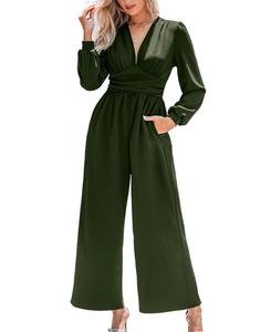 Женский комбинезон с глубоким вырезом, длинными рукавами и широкими штанинами Cupshe, Dark green