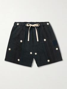 Шорты прямого кроя из хлопка Kantha с отделкой и завязками на шнурке KARTIK RESEARCH, черный