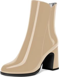 Женские ботильоны с молнией, лаковые, повседневные, круглый носок, устойчивый высокий каблук, высота голенища 3,3 дюйма DEMOSHINE, Beige
