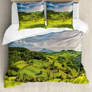 Пододеяльник ABAKUHAUS Tuscany, фермерские дома в Тоскане, Италия, с защитой от клещей, подходит для аллергиков, с наволочками, 200 см x 200 см - 80 x 80 см, небесно-голубой/зеленый