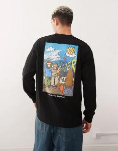 Футболка свободного кроя с длинными рукавами Aape by A Bathing Ape черного цвета с принтом гор на спине