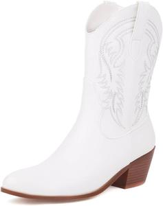 Женские классические ковбойские сапоги MRKEWUNEY с заостренным носком, белые ковбойские сапоги, низкий каблук, западные ботильоны