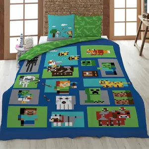 Комплект постельного белья Minecraft для мальчиков, 135x200 см и 80x80 см, игровое постельное белье с пиксельным рисунком из поликоттона на молнии. Familando