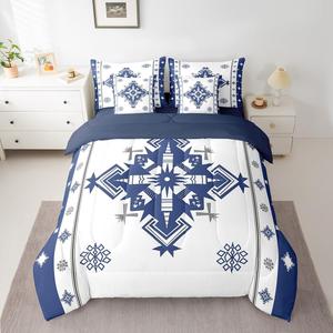 Erosebridal Богемский комплект постельного белья Boho 7 Pcs с геометрическим этническим узором в полоску и клетку, White Blue