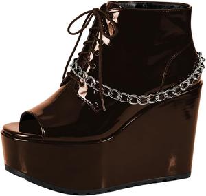 Женские ботильоны FYS с открытым носком, на платформе и высокой танкетке, короткие ботинки с цепочкой и шнуровкой для вечеринок, танцев и клубов, размеры 4-16 США, Dark Brown