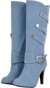 Женские джинсовые сапоги Uniquelly до колена на шпильке, высокая пятка, средняя голень, без застежки, с круглым носком, классические ретро зимние ботинки, Light Blue