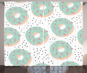 Штора ABAKUHAUS Пончики в деревенском стиле, дизайн Выпечка в стиле Флэт, универсальная ленточная штора для гостиной с петлями и крючками, 280 x 225 см, цвет Морская пена и белый Abakuhaus