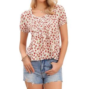 Блузка женская с цветочным принтом, плиссированная, с круглым вырезом и короткими рукавами Inspire Chic