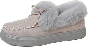 HuayoRong Женские замшевые тапочки с бантом на платформе, зимние уютные теплые с плюшевым воротником, мокасины с эффектом памяти для дома и улицы, меховые ботильоны Вэнди