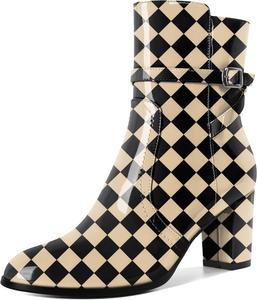 Женские ботильоны Mettesally с массивным каблуком, круглым носком и боковой молнией, осень-зима, высота каблука 7 см, Checkered Beige
