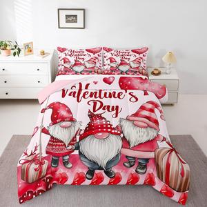 Erosebridal Комплект постельного белья Valentines Gnome с романтичным дизайном гномов и сердец, красный, Pink Grey