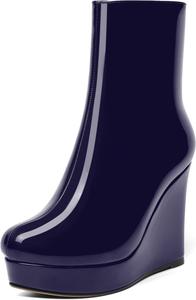 Женские лаковые ботильоны AMBELIGHT с молнией, на платформе, однотонные, с круглым носком, на клиновидном каблуке, средняя голень, 4 дюйма, Navy Blue