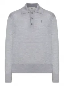 Шерстяная рубашка-поло с вышивкой Ami De Coeur AMI Paris, серый