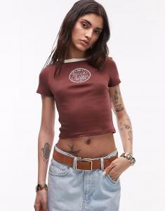 Футболка Topshop с вышивкой Reggio Calabria Ringer Baby шоколадно-коричневого цвета