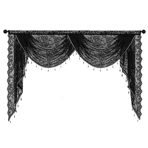 Штора в стиле кафе в деревенском стиле, ламбрекен с кружевной цветочной вышивкой, водопадный ламбрекен, черный, 250x105 см Qugou GmbH