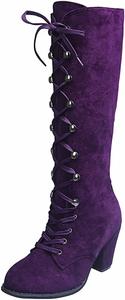 Женские готические сапоги ZDLJYL до середины икры из замши с шнуровкой, массивным каблуком, зимние кожаные ретро-кэжуал ковбойские сапоги для женщин, Purple