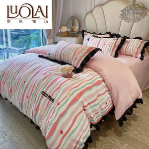 LUOLAI HOME Комплект постельного белья, 4 предмета, для кровати 1.5м, пододеяльник 200x230см, цвет Dopamine - розовые полосы
