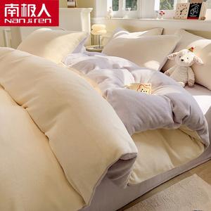 Antarctic Комплект постельного белья из молочного вельвета 1,5 спальный (простыня на резинке 150 см, пододеяльник 200х230 см), цвет бежевый + светло-фиолетовый, утепленный