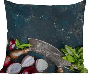 Подушка для улицы - Овощи - Травы - Нож для измельчения - Лук - Специи - В деревенском стиле - 50x50 см - Устойчива к погодным условиям - Подушка для отдыха - Удобная - Подушка с рисунком MuchoWow