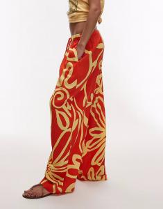 Брюки-баллоны из льна Topshop с ярким оранжевым абстрактным цветочным принтом