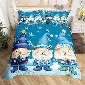 Erosebridal Комплект постельного белья с новогодним гномом Kawaii Dwarf, милый Санта Клаус, ёлка и снежинки, Light Blue White