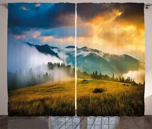 Штора ABAKUHAUS Деревенский пейзаж, Туманные вершины гор, для спальни, присборенная тесьма с петлями и крючками, 280 x 245 см, цвет: зеленый, синий, желтый Abakuhaus