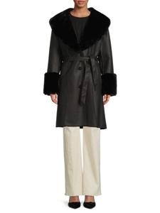 Пальто с запахом из искусственной овчины и искусственной кожи Belle Fare, черный