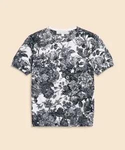 Хлопковый свитер с цветочным принтом, круглым вырезом и короткими рукавами