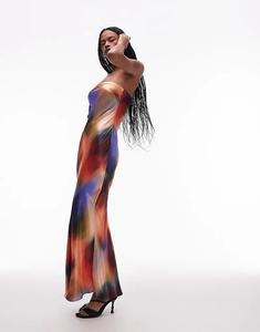 Платье-комбинация макси-бандо из атласа Topshop с принтом в тонах заката