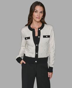 Женский кардиган с круглым вырезом и застежкой на пуговицы спереди, размеры P/XS-XL KARL LAGERFELD PARIS, Soft White/Black