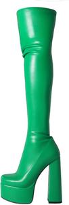Женские платформенные ботфорты Yolkomo с массивным каблуком, Green-Thigh High