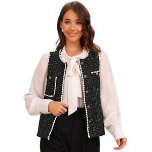 Женский твидовый жилет в клетку с круглым вырезом и пуговицами Allegra K