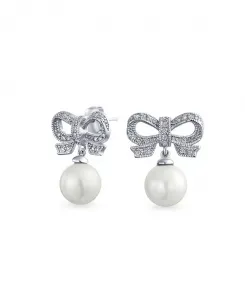 Серьги-Люстры в викторианском стиле с фианитами на ленте и бантом из искусственного жемчуга Bling Jewelry, white