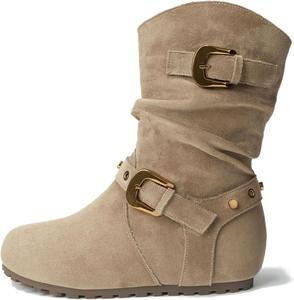 Женские замшевые ботильоны на танкетке с регулируемым металлическим ремешком, ретро стиль, округлый широкий носок, средние сапоги до середины икры для магазина, работы, дня рождения XHOGNLS, Khaki