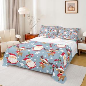 Erosebridal Комплект постельного белья с новогодним принтом Санта Клаус и олени в голубых тонах, Multi 16