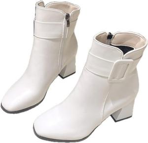 Женские ботильоны с массивным каблуком, заостренным носком, боковой молнией и ремешком, с устойчивым каблуком для ежедневной носки и вечеринок Azttoztto, White