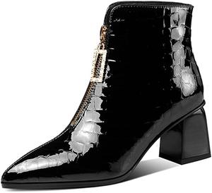 Женские ботильоны TinaCus из лакированной кожи ручной работы с заостренным носком, массивным каблуком, стильной передней молнией и большим размером, Black