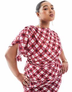 Эксклюзивный сетчатый топ Renee Studio Plus с драпировкой по бокам и рукавами в красную клетку