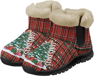 Зимние ботинки для женщин, ботильоны на щиколотку - утепленные женские ботильоны для снега, слипоны, прогулочные утепленные ботинки Tomeusey, Christmas Tree Red Grid