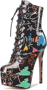 Женские ботильоны Aachcol с короткой платформой, высокие каблуки-стилетто, круглым носком, на шнуровке, из лакированной кожи, каблук 6,5 дюйма, Multicolor E