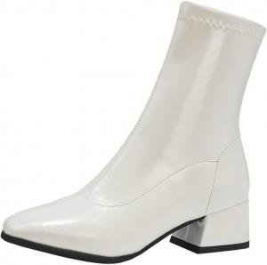 Женские ботильоны BEAUPAS с квадратным носком, массивным каблуком и средним блестящим каблуком, White