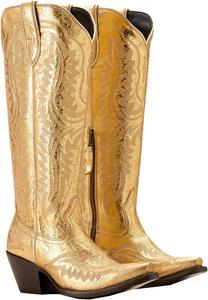 Женские ковбойские сапоги с острым носком, высокой толстой шпилькой и крупным дизайном в стиле вестерн Generic, Golden