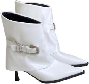 Женские сапожки Shark с отворотом, ботильоны с пряжкой, заостренный носок, невысокий каблук, стильные короткие ботильоны на каждый день и для элегантных ретро-уличных образов Generic, White