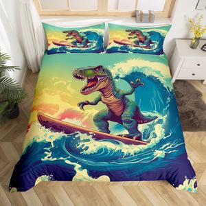 Erosebridal Комплект постельного белья Surfer Dinosaur с принтом динозавров и серфинга в морском стиле для детей, Dark Blue Green