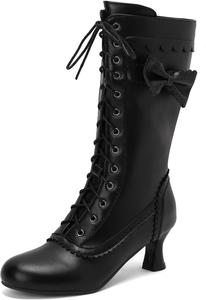 Женские зимние готические викторианские ботинки с низким каблуком на шнуровке, средние по голенищу с бантом, ботинки ведьмы HONGDAO, Black