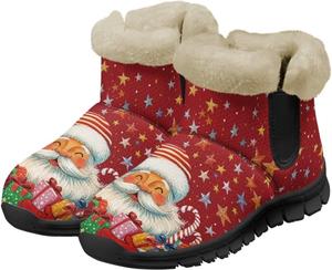 Женские классические зимние сапоги Комфортные пушистые уютные сапоги для снега Без шнуровки Ботильоны на низком каблуке Повседневная обувь Рождественские снегоступы Chririnla, Stars Merry Christmas Santa Claus