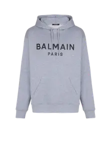 Хлопковое худи с принтом Balmain, серый