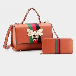 2PCS - Honey Bee Accented Color Block Faux Leather Tote Bag Wallet Set FASHNZFAB, коричневый