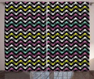 Штора ABAKUHAUS в деревенском стиле, с зигзагообразным узором Пробуждение, универсальная ленточная штора для гостиной с петлями и крючками, 280 x 225 см, цвет: угольно-серый, желтый и розовый Abakuhaus