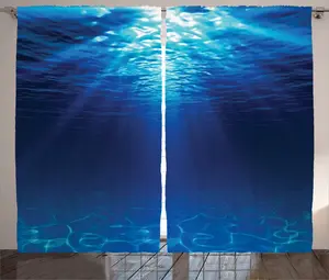 Штора ABAKUHAUS Ocean Rustic, морской пейзаж с песчаным дном, универсальная тесьма для гостиной с петлями и крючками, 280 x 245 см, цвет: темно-синий, аквамарин Abakuhaus